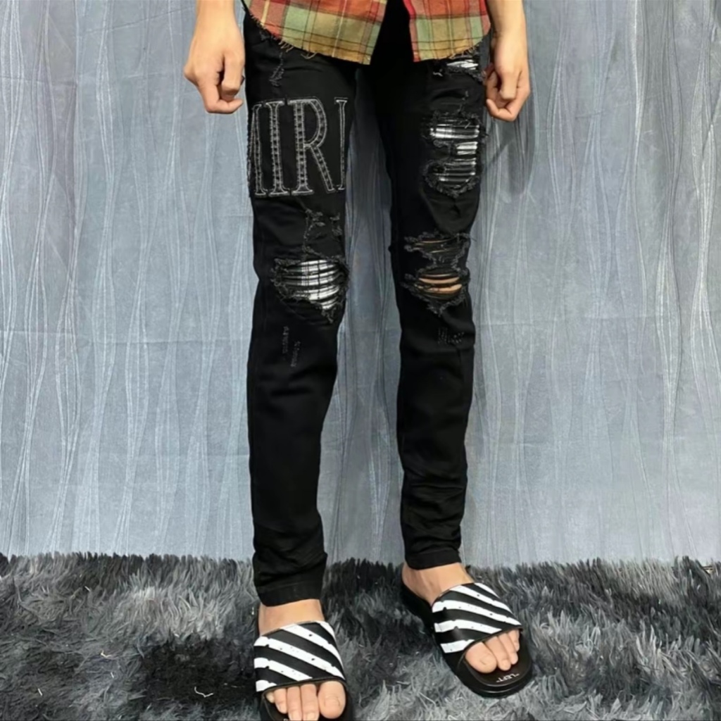 Quần bò jean nam Amiri rách xước vá vải trắng đen cao cấp thời trang trẻ trung sang trọng