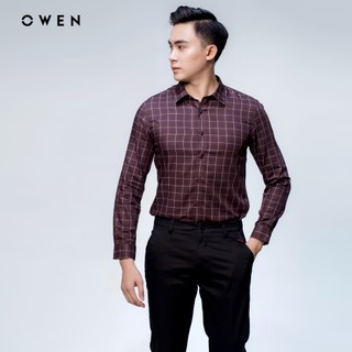 OWEN - Áo sơ mi dài tay Owen Slimfit chất sợi tre kẻ ca rô màu nâu 61012