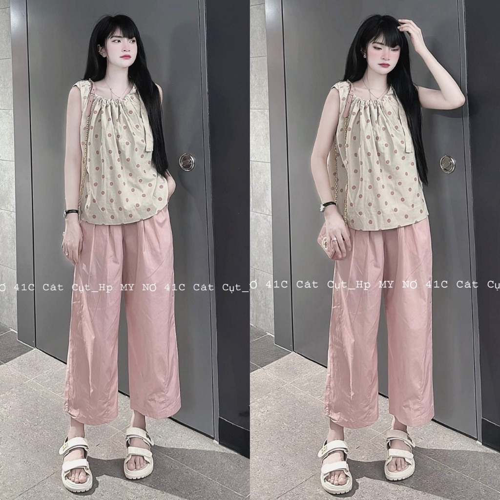 SET ÁO THÔ CHẤM BI CỔ NƠ QUẦN SUÔNG