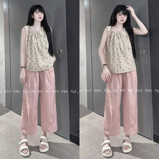 Set áo thô chấm bi cổ nơ quần suông