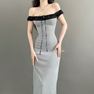 CANNES - Đầm body dài thun gân phối lụa nhúng vai sang trọng, quyến rũ tinh tế