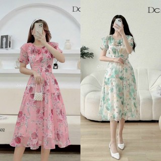 Đầm dự tiêc voan , đầm midi voan hoa bèo vai kết hoa duyên dáng