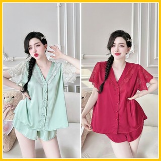 Bộ pijama đùi chất lụa latin trơn phối ren hoa kiểu dáng cổ chữ y cúc bọc phom xuông- linhnguyenshop