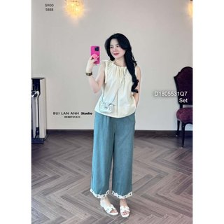 Set 2 món áo kiểu thắt nơ bên vai sát nách kèm quần jean demin ống suông lai phối viền bèo !