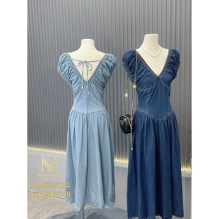 Đầm jean cổ V tay nhún qccc