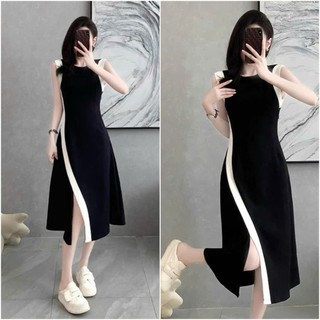 Đầm đen dự tiệc,công sở viền trắng xẻ tà chất tăm gân cao cấp