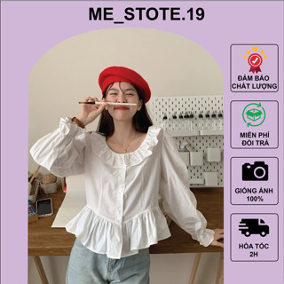  Áo sơ mi trắng kiểu Hàn Quốc cổ bèo cách điệu tay bồng nhún eo phù hợp đi học đi làm đi chơi 