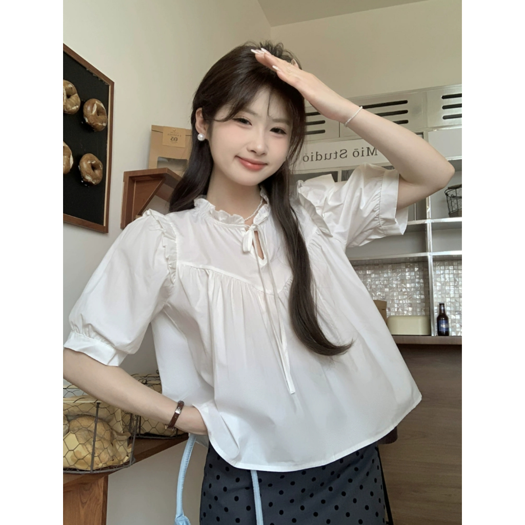 Áo babydoll ngắn tay bèo cổ buộc nơ thân trước bổ cúp V bồng nhún phong cách Hàn Quốc có bigsize M1019 | BigBuy360 - bigbuy360.vn