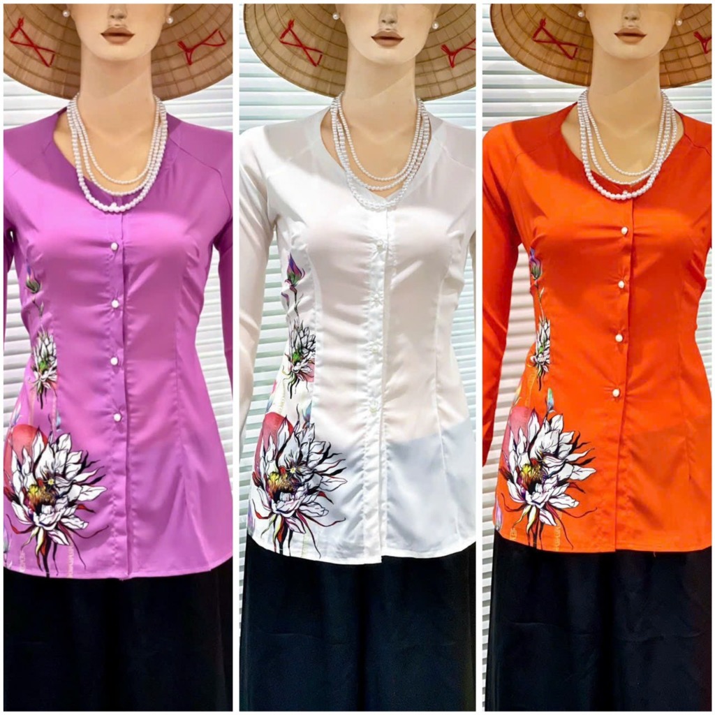 ÁO BÀ BA LỤA IN HOA ĐÀO XINH