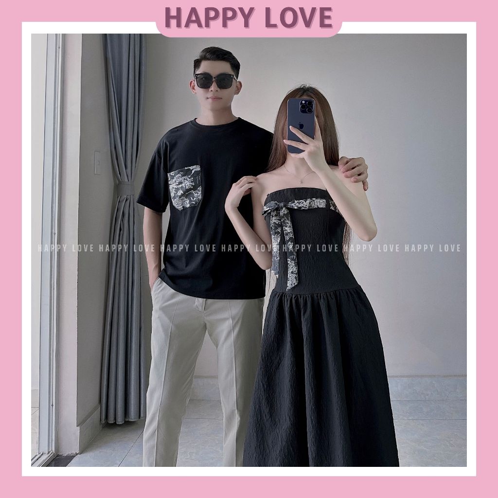Đồ đôi nam nữ mùa hè hàn quốc áo thun nam váy nữ dáng dài màu đen kèm dây thắt nơ HAPPYLOVE H181