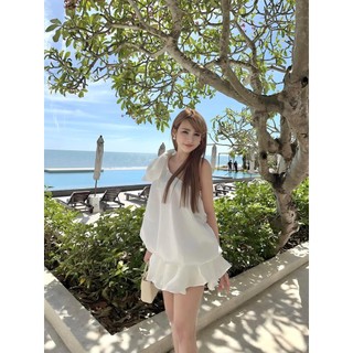 Đầm váy babydoll lệch vai nơ vai bèo eo