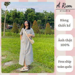 Váy sơ mi [HÀNG THIẾT KẾ] suông dáng dài, cộc tay, có túi sườn, họa tiết kẻ sọc caro Mee - ảnh chính chủ Arumstudio