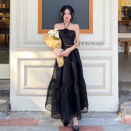 Sét váy maxi áo cúp nguc dây yếm gắn hoa kèm chân váy xoè dáng dài 2 lớp xinh xẻo B404 PANOSI | BigBuy360 - bigbuy360.vn