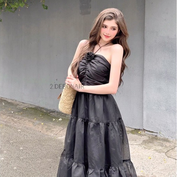 Sét váy maxi áo cúp nguc dây yếm gắn hoa kèm chân váy xoè dáng dài 2 lớp xinh xẻo B404 PANOSI | BigBuy360 - bigbuy360.vn