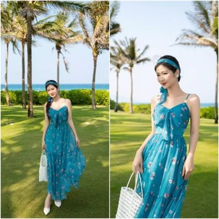 Đầm maxi đi biển màu xanh hoa voan đẹp rực rỡ kèm băng đô (sẵn mút)