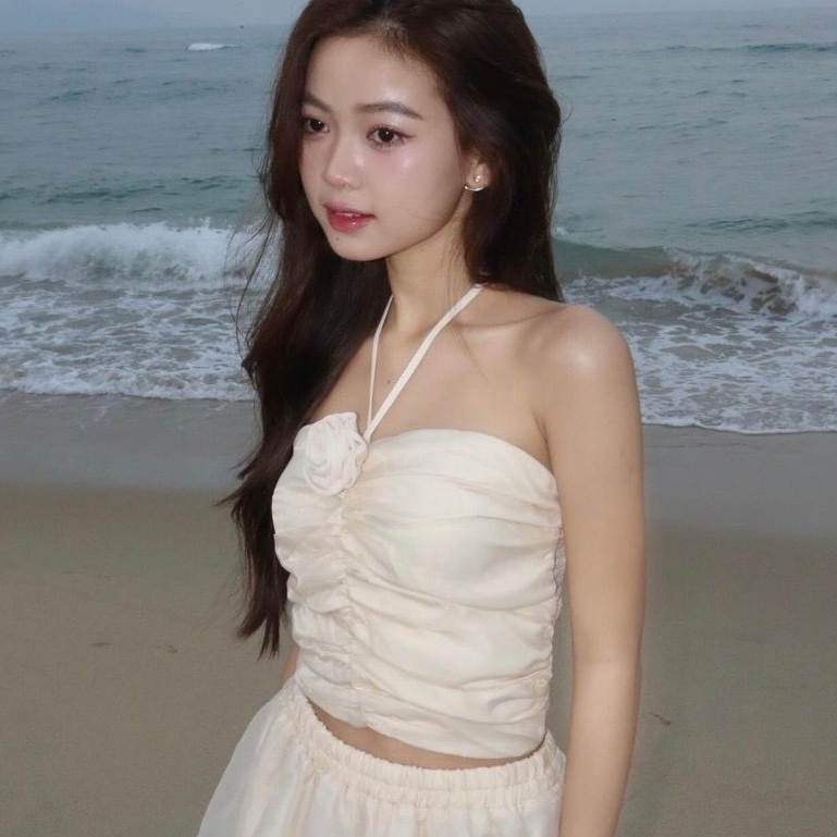 Sét váy maxi áo cúp nguc dây yếm gắn hoa kèm chân váy xoè dáng dài 2 lớp xinh xẻo B404 PANOSI | BigBuy360 - bigbuy360.vn