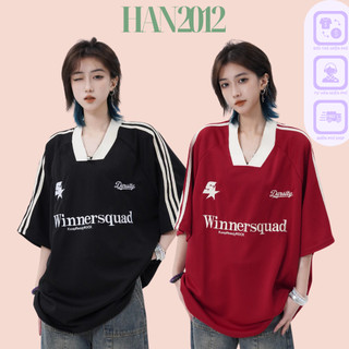 Áo Phông Cổ V WINNERSQUAD Form Rộng Tay Lỡ Phối Sọc Cổ Trắng Chất Thun Mềm Mát Phong Cách Retro Nam Nữ Unisex