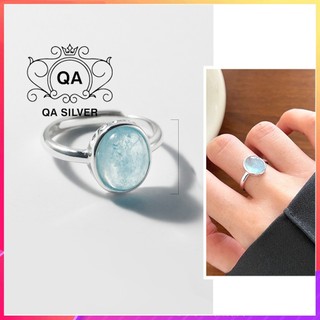 Nhẫn bạc 925 mặt đá xanh oval nữ nước mắt đại dương S925 AQUAMARINE QA SILVER Ring RI240403
