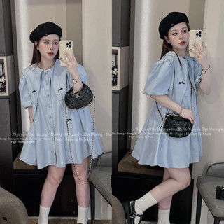   V1.699  Váy Babydoll Thô Cổ Nhọn Đính Nơ Form Rộng Siêu Xinh 