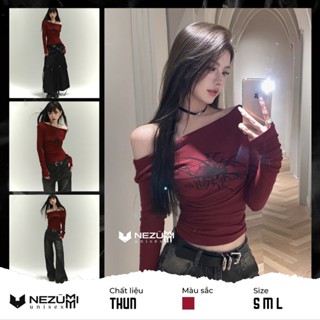 (Săn S M L_Ảnh thật) Áo thun dài tay croptop hở lệch vai đỏ đô đen in hình nhện phong cách Hàn Quốc tập gym sexy dance