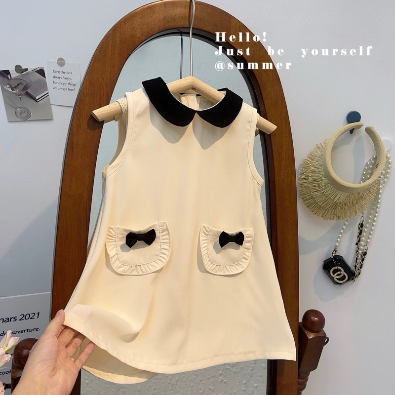 Váy chữ A túi bèo cổ đen màu vàng chanh chất mango mềm mát điệu đà cho bé gái 0-5t, váy mùa hè. Toro