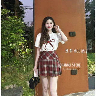 Set áo phông nơ đỏ mix chân váy xoè kẻ đỏ QC