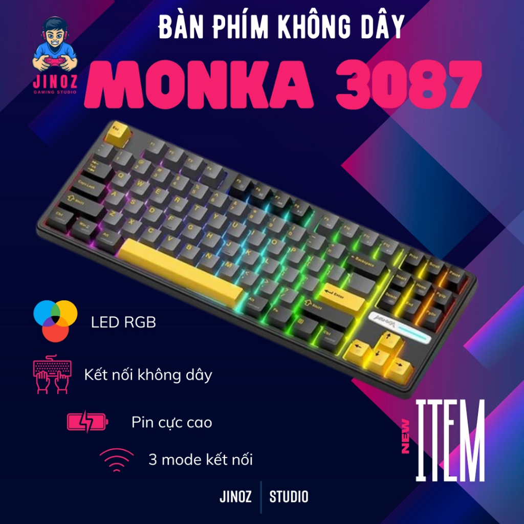 Bàn phím máy tính không dây Monka 3087 pro - Hotswap 5 pin - Led RGB 20 chế độ, bảo hành 1 năm- Jino