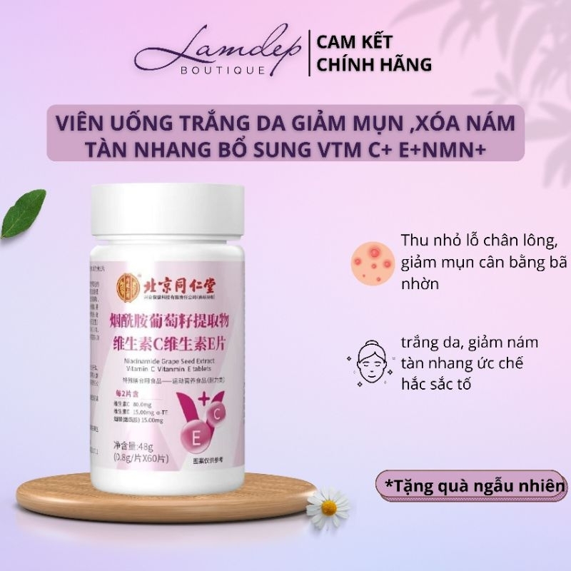 Viên Uống Trắng Da,Giả.m Mụ.n Xóa Ná.m Đồng Nhân Đường-Bổ Sung Nicotinamide+Vitamin CA+E Chống Lão Hóa Hộp 60v