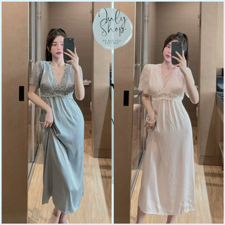 Đầm ngủ tay ren cổ v chất lụa latin siêu xinh freesize