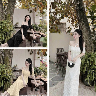 Váy Đầm Dự Tiệc Nữ, kiểu trễ vai, dây cổ, váy có mút, hai lớp siêu xinh