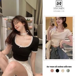 Áo thun tay ngắn cổ vuông viền ren, form croptop - áo coquette hyominstore.vn