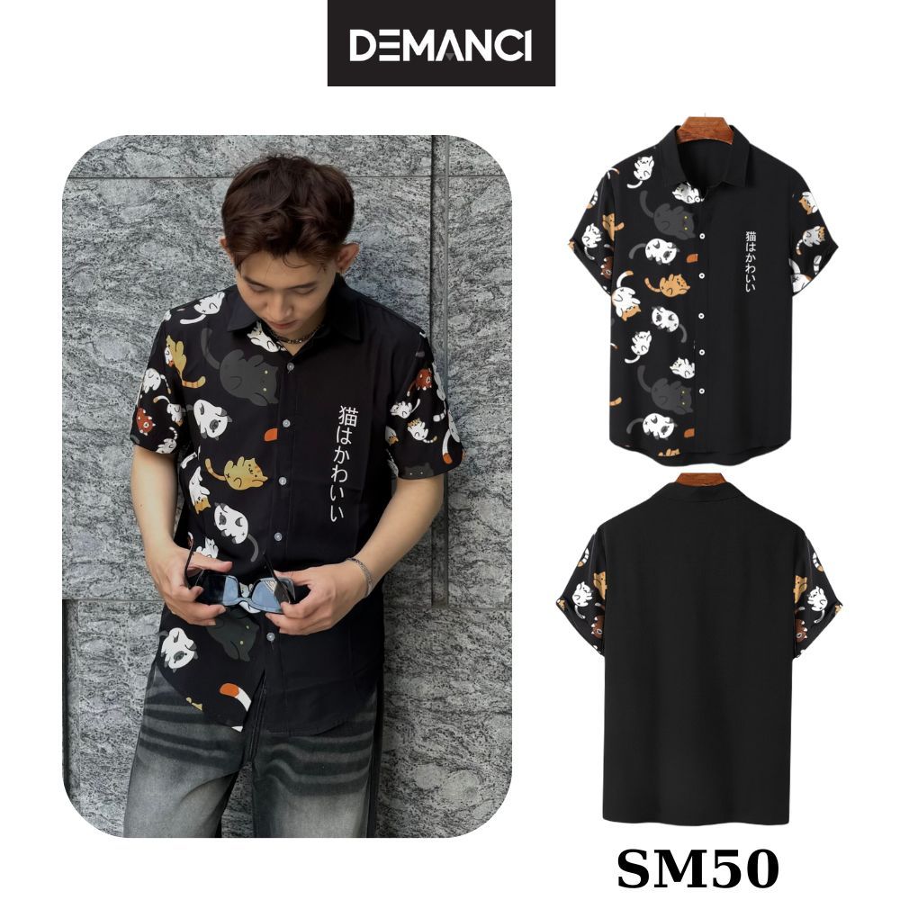 Áo Sơ Mi nam nữ tay ngắn Cat Cute DEMANCI, Sơ mi chất COTTON LỤA mát mềm mịn, chống nhăn tốt [SM50]