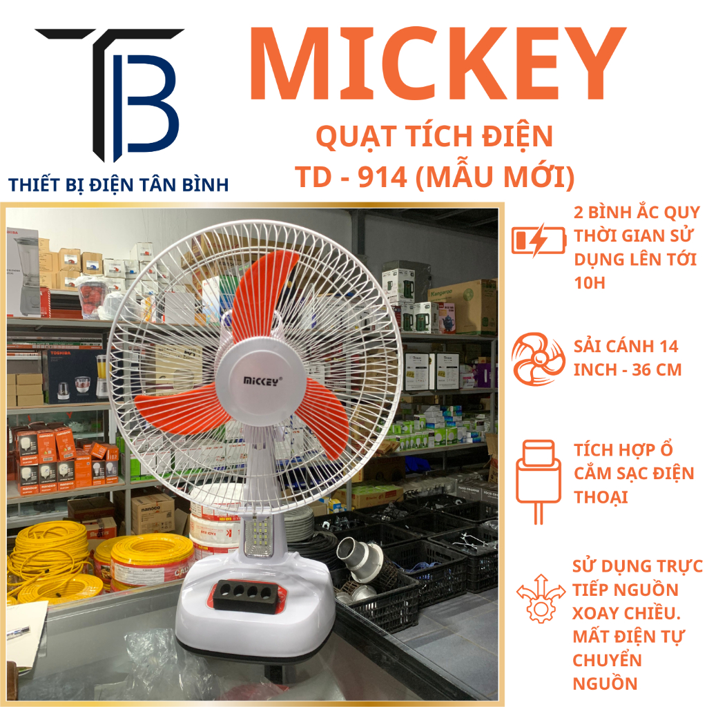 {CHÍNH HÃNG} Quạt tích điện Mickey TD-914 AC/DC MẪU MỚI 2024 2 bình ắc quy, sải cánh 14 inch, có cổn