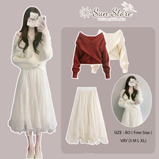 Set áo len và chân váy,áo len croptop vạt chèo chất len QC cao cấp dày và  chân váy voan lụa 2 lớp cạp chun