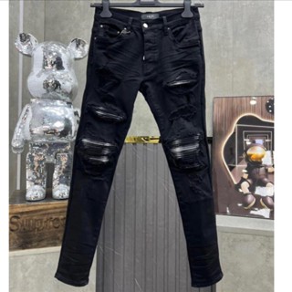 Quần jean nam đen 4 cúc Amiri rách tua vá vải trắng đen cao cấp