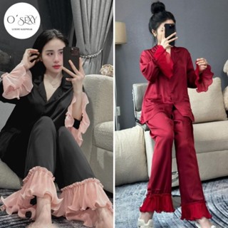 Bộ pijama tay bèo dập ly lụa latin sang chảnh tay dài quần dài , cổ sơ mi có túi , đồ mặc nhà nữ siêu xinh