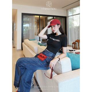 Quần jean suôn in low kèm áo in crop chouchou