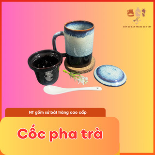 Bộ cốc sứ lọc trà bát tràng tráng men hoả biến cao cấp kèm nắp trà, lọc trà và thìa 7,5x13