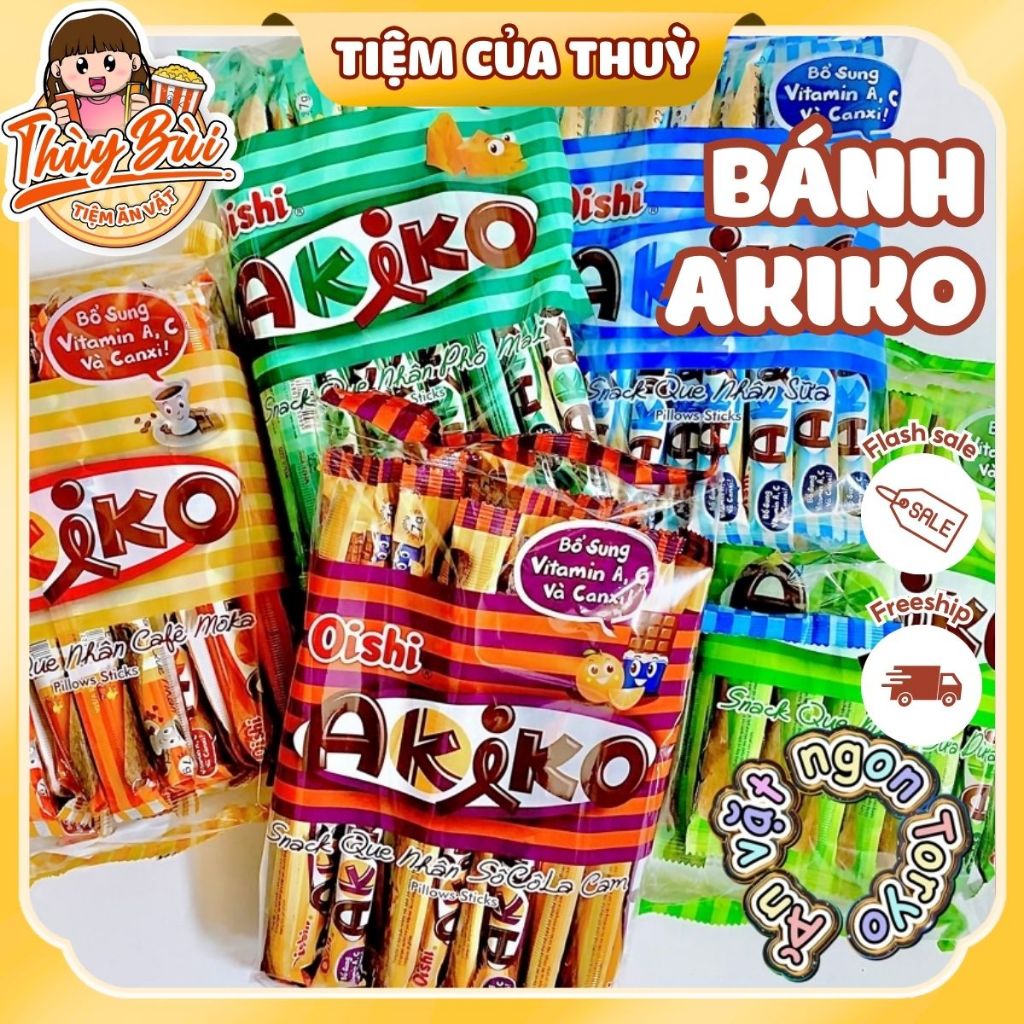 Bánh Que Akiko Oishi Đủ Vị Gói 20 Thanh, Snack Que Nhân Kem, Snack Que Akiko