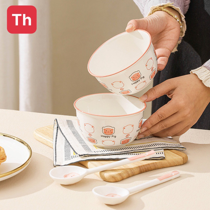 Set 2 chén sứ heo hồng, Đào kèm muỗng, chén ăn dặm cho bé
