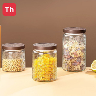 Combo 3 hũ thuỷ tinh - lọ thuỷ tinh nắp giả gỗ đựng đồ khô nhiều kích cỡ, đựng gia vị, thực phẩm khô với họa tiết sang