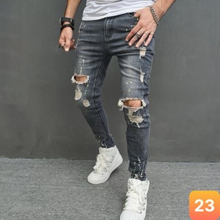 Quần jeans nam boy phố rách gối màu xanh đậm form skinny chất liệu bò cao cấp co dãn 4 chiều đẹp LAVADO1 mới
