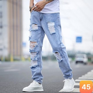 Quần jean nam rách gối màu xanh trơn chất bò cao cấp co dãn 4 chiều đẹp form dáng skinny boy phố lavado M045 mẫu mới