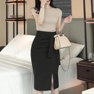 Chân váy công sở dáng dài buộc đai , chân váy xẻ hông chất tuyết mưa kèm đai cách điệu - Totosa