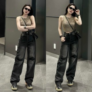Quần jeans nữ ống suông hc98 rách 2 gối màu đen hc98 - 1040 women pant