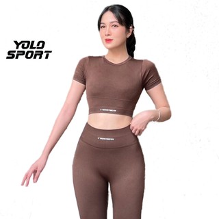 Bộ Set Đồ Thể Thao Kèm Mút Đệm Lót Tập Gym Yoga Nữ Cmon Quần Dài Áo Crop Top Tay Ngắn Nữ Chất Vải Dệt Kim QC Cao Cấp