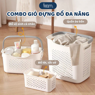 Giỏ đựng quần áo bẩn TOAM đa năng kết hợp giỏ nhỏ đựng đồ lót, có quai xách nhựa PP cứng cáp thiết kế thoáng khí