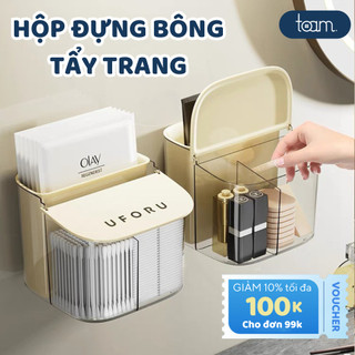Hộp đựng bông tẩy trang treo tường TOAM 3 ngăn có nắp đậy chất liệu PP+PET - Hộp đựng mỹ phẩm tích hợp ngăn chứa rác