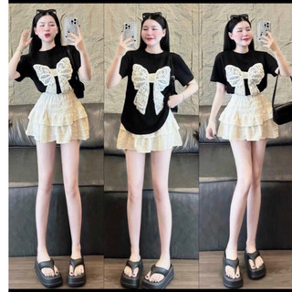 Q393 Set Váy Thời Trang Nữ Áo Phông Nơ Và Váy Ren Tầng Dáng Ngắn, Set Váy Đi Chơi