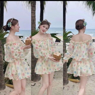  Q396 Đầm Thời Trang Nữ Tay Dài Bèo Vai Dáng Ngắn Xinh Xắn Đầm Dạo Phố Đi Biển Dễ Thương 